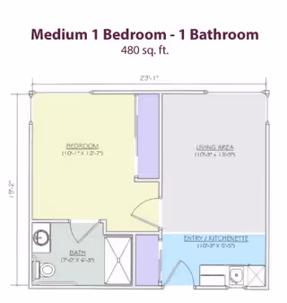 Floor plan of a medium 1 bedroom, 1 bathroom apartment with a total area of 480 square feet. The layout includes a bedroom measuring 10 feet 1 inch by 12 feet 7 inches, a living area measuring 10 feet 3 inches by 13 feet 9 inches, a bathroom measuring 7 feet by 6 feet 3 inches, and an entry/kitchenette area measuring 10 feet 3 inches by 5 feet 5 inches.