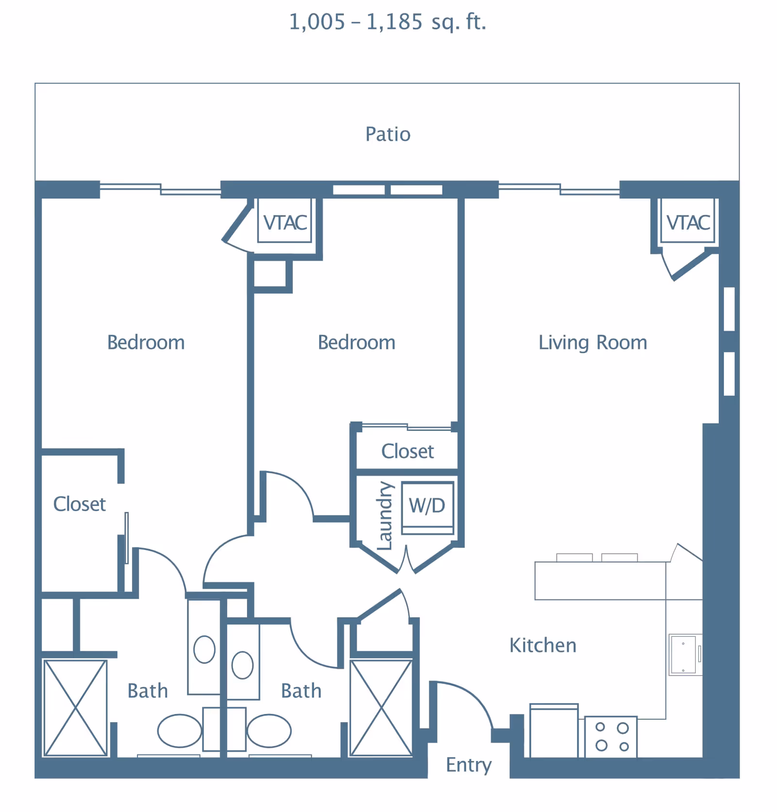 Floor plan of a residential unit with two bedrooms, two bathrooms, a kitchen, living room, laundry area with washer and dryer, closets, and a patio. The unit size ranges from 1,005 to 1,185 square feet.