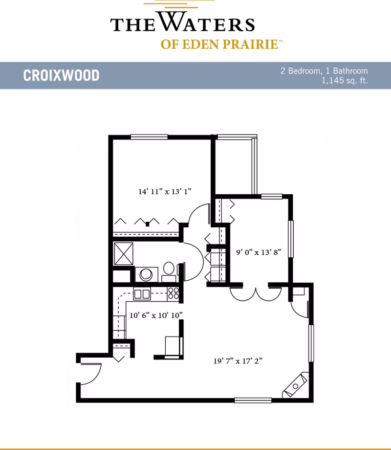 Black-and-white floor plan labeled 'Croixwood' showing a two-bedroom, one-bath apartment layout for The Waters of Eden Prairie.