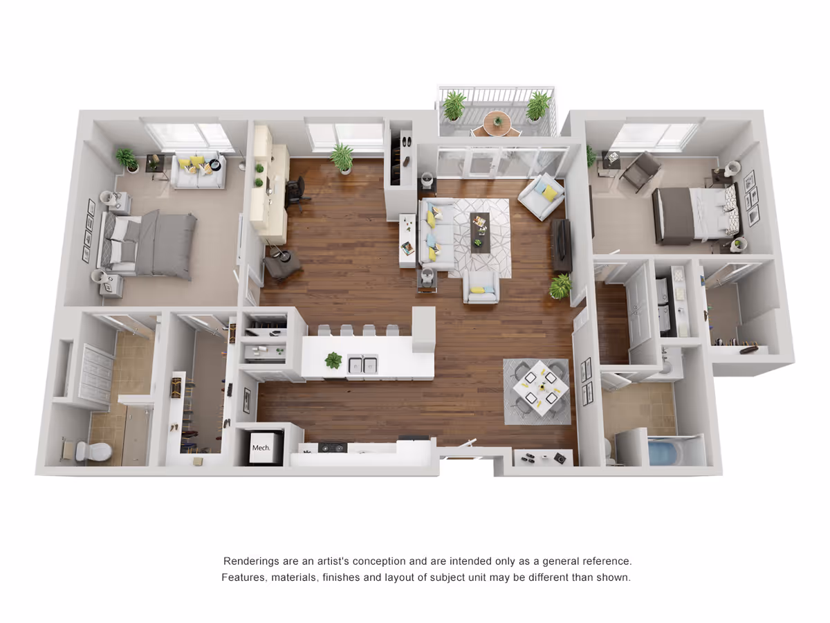 3D rendered floor plan of a two-bedroom apartment with a central living room, kitchen island, dining area, and balcony.
