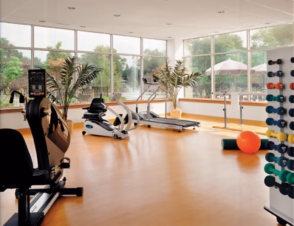 Bright and spacious fitness room with large windows showing outdoor greenery. The room contains exercise equipment including a recumbent bike, treadmill, weight rack with colorful dumbbells, an orange exercise ball, and a green foam roller. Two potted plants are placed near the windows.
