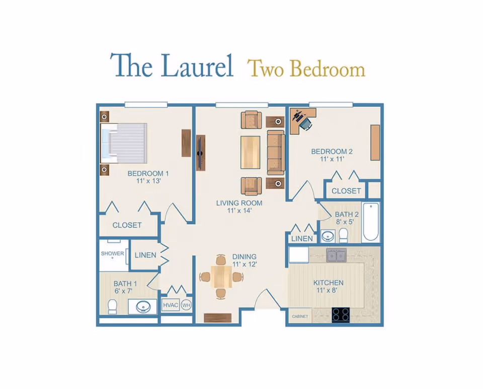 Floor plan titled 'The Laurel Two Bedroom' showing two bedrooms, two bathrooms, a living room, dining area, kitchen, closets and room dimensions.