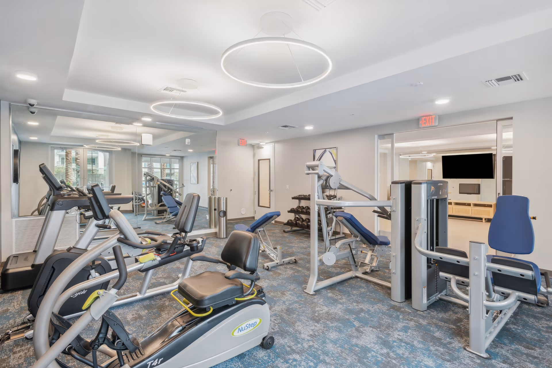 Bright interior fitness room with cardio and strength machines, free weights, and circular ceiling lights.