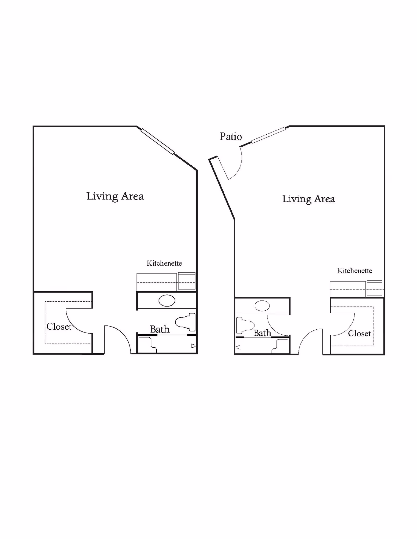 Architectural floor plan showing two adjacent studio units, each with a living area, kitchenette, bathroom, and closet. One unit includes a patio.