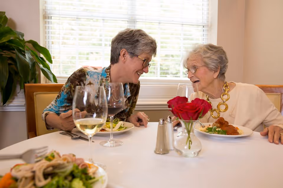 Two elderly women sitting at a dining table enjoying a meal together, smiling and engaged in conversation. The table is set with plates of food, wine glasses, a small vase with red roses, and salt and pepper shakers. A window with blinds and a green plant are visible in the background.