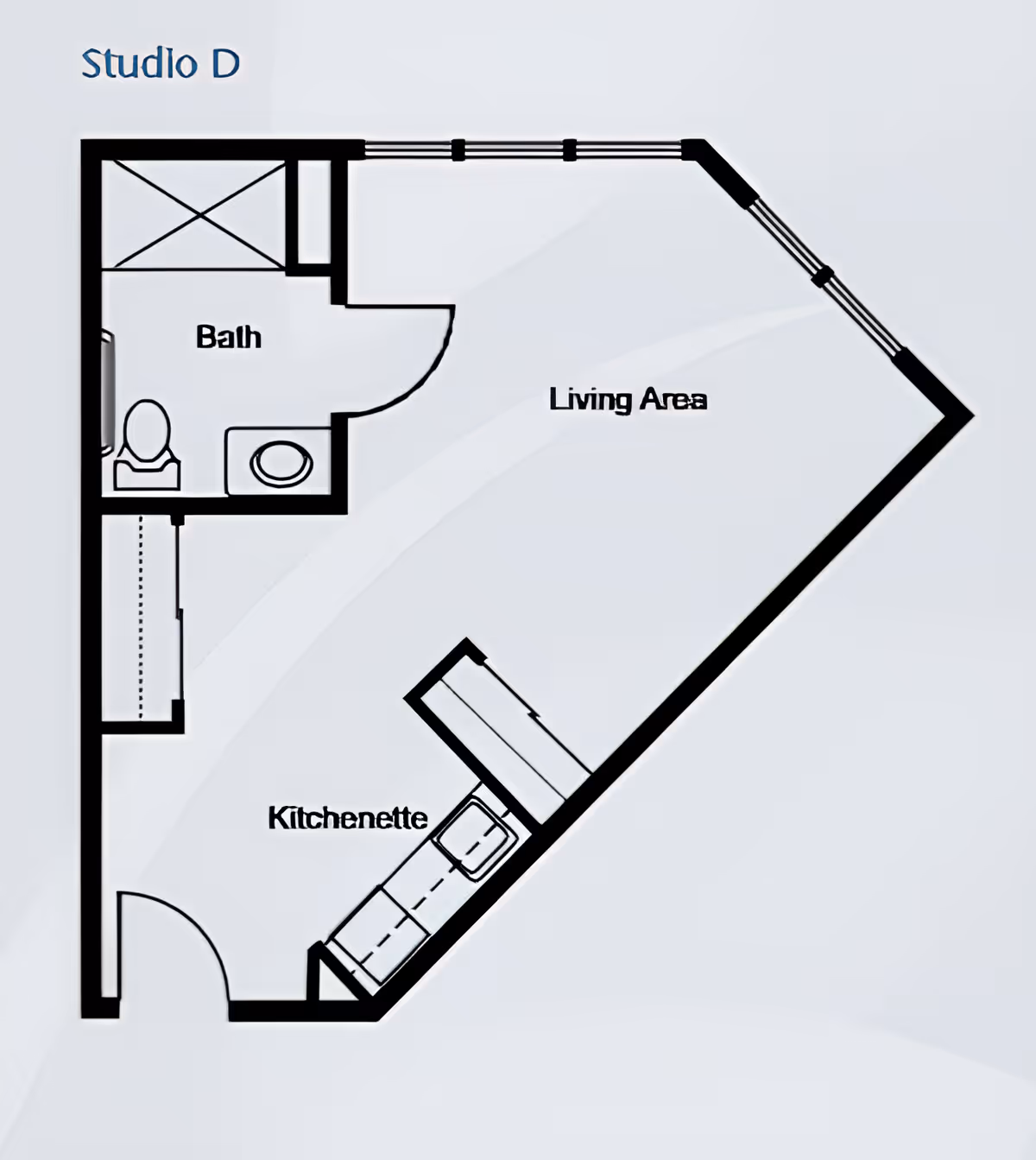 Floor plan labeled Studio D showing a layout with a bath, kitchenette, and living area.