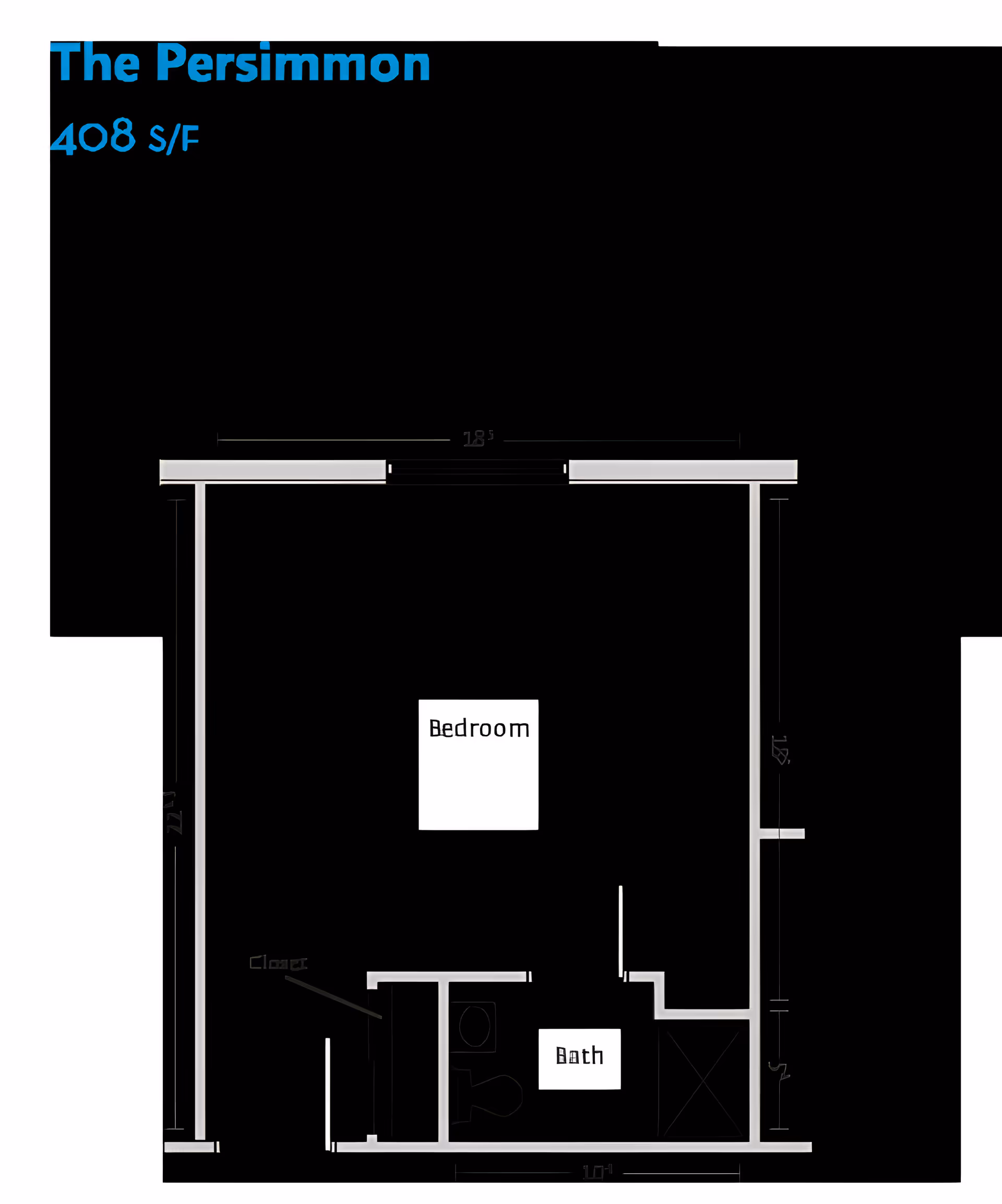 Floor plan titled "The Persimmon 408 S/F" showing a one-bedroom layout with labeled Bedroom and Bath areas.