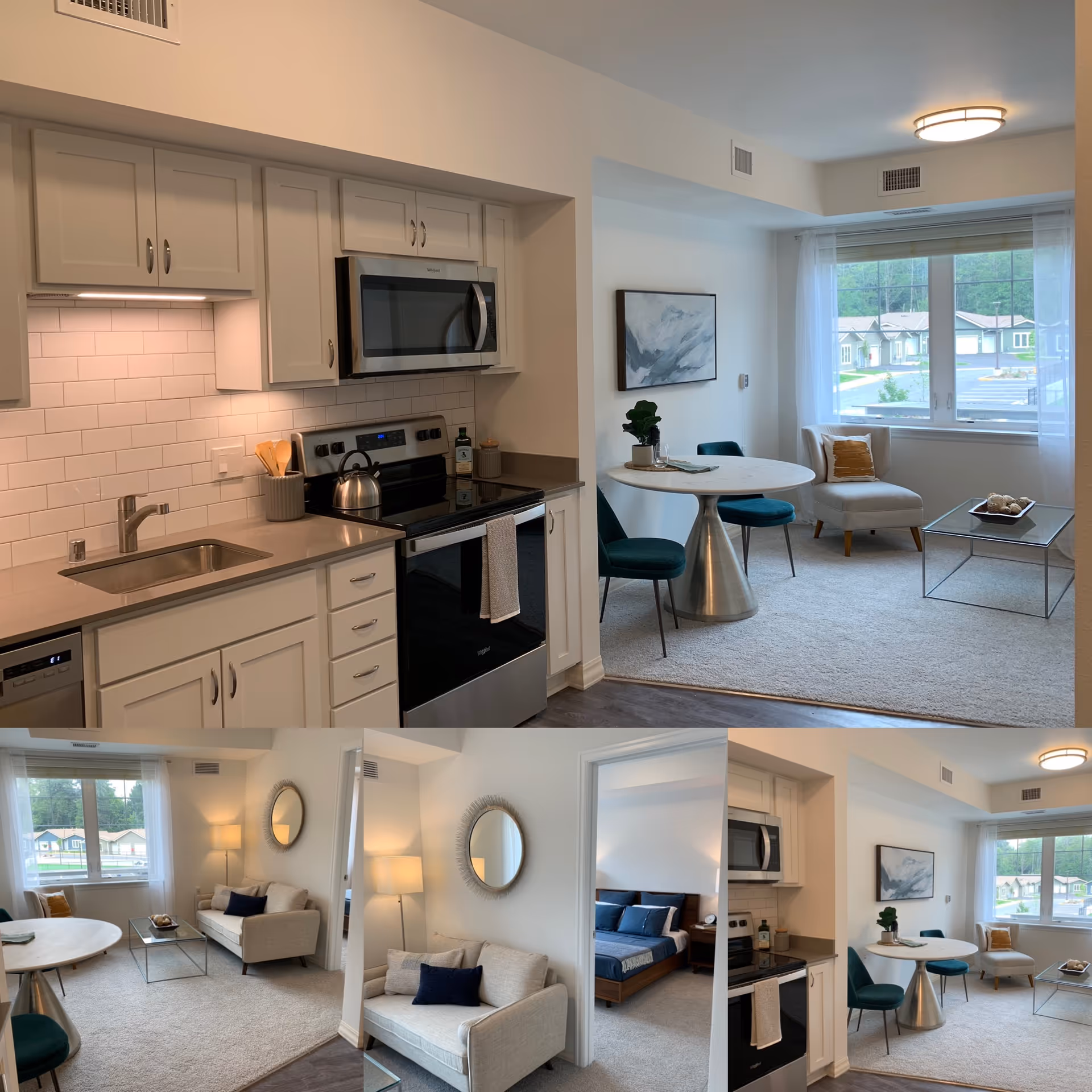 Collage of interior views of a senior living apartment at Quail Park of Lynnwood showing a modern kitchen with white cabinets, stainless steel appliances, and a small dining area with a round table and green chairs. The living room area has a beige sofa, a glass coffee table, a beige armchair, and a large window with sheer curtains. Another view shows a bedroom with a bed, blue bedding, and a nightstand.