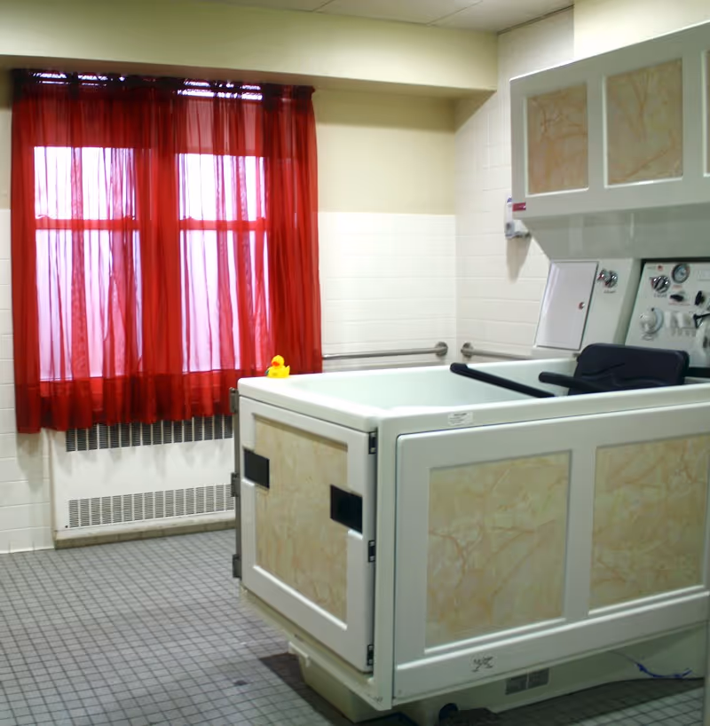 Accessible bathing room with a large walk-in tub, red curtains over a window, and a small rubber duck on the tub.