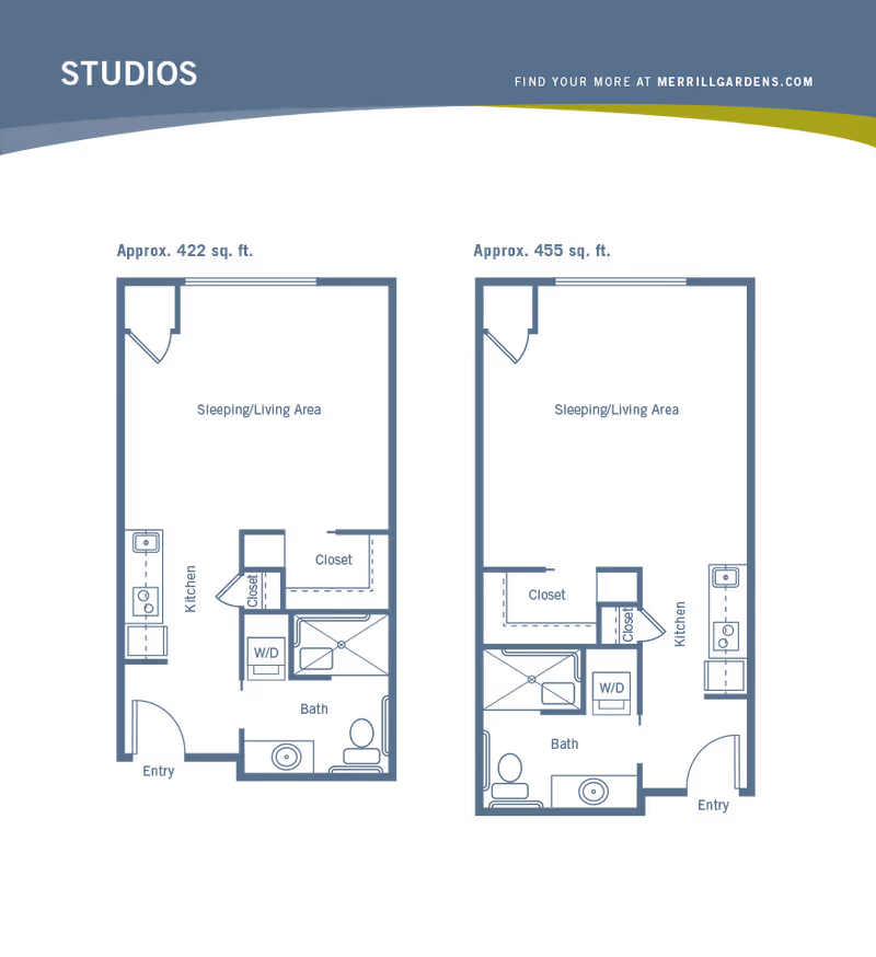 Floor plan layouts for two studio apartments at Merrill Gardens at Auburn, each showing an entry, kitchen, sleeping/living area, closet, bath, and washer/dryer. The left studio is approximately 422 sq. ft. and the right studio is approximately 455 sq. ft.
