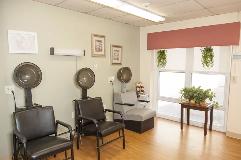 Interior of a hair salon area in a senior living facility with three hair drying chairs, two black and one gray, positioned against a light green wall with framed pictures. A window with a red valance and hanging green plants is on the right side, next to a small wooden table with a potted plant and decorative items.