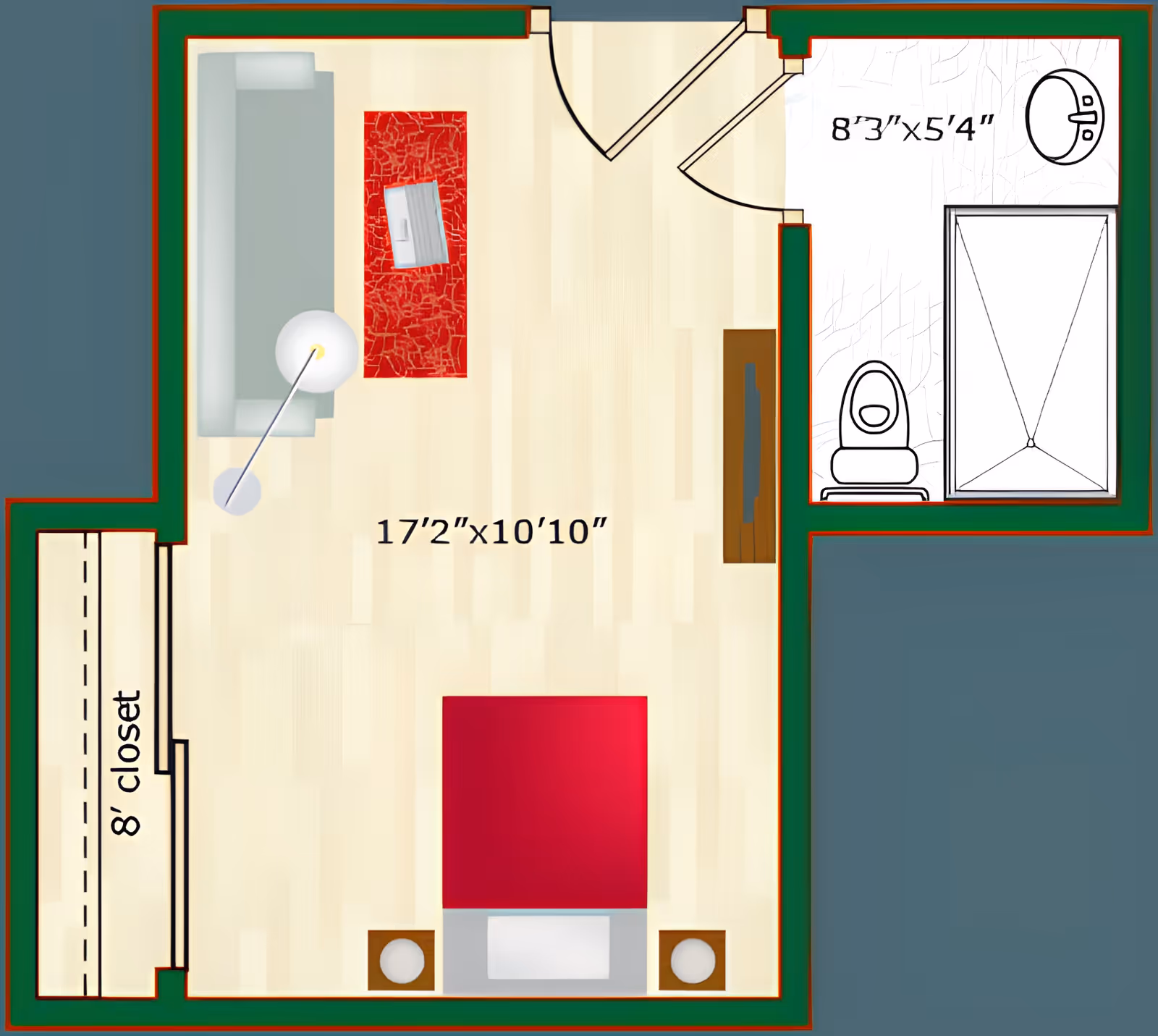 Floor plan of a memory care unit at Woodland Palms showing a main room with a bed, two nightstands, a sofa with a floor lamp and a small table, an 8-foot closet, and an attached bathroom with a toilet, sink, and shower. Dimensions are marked for the main room and bathroom.