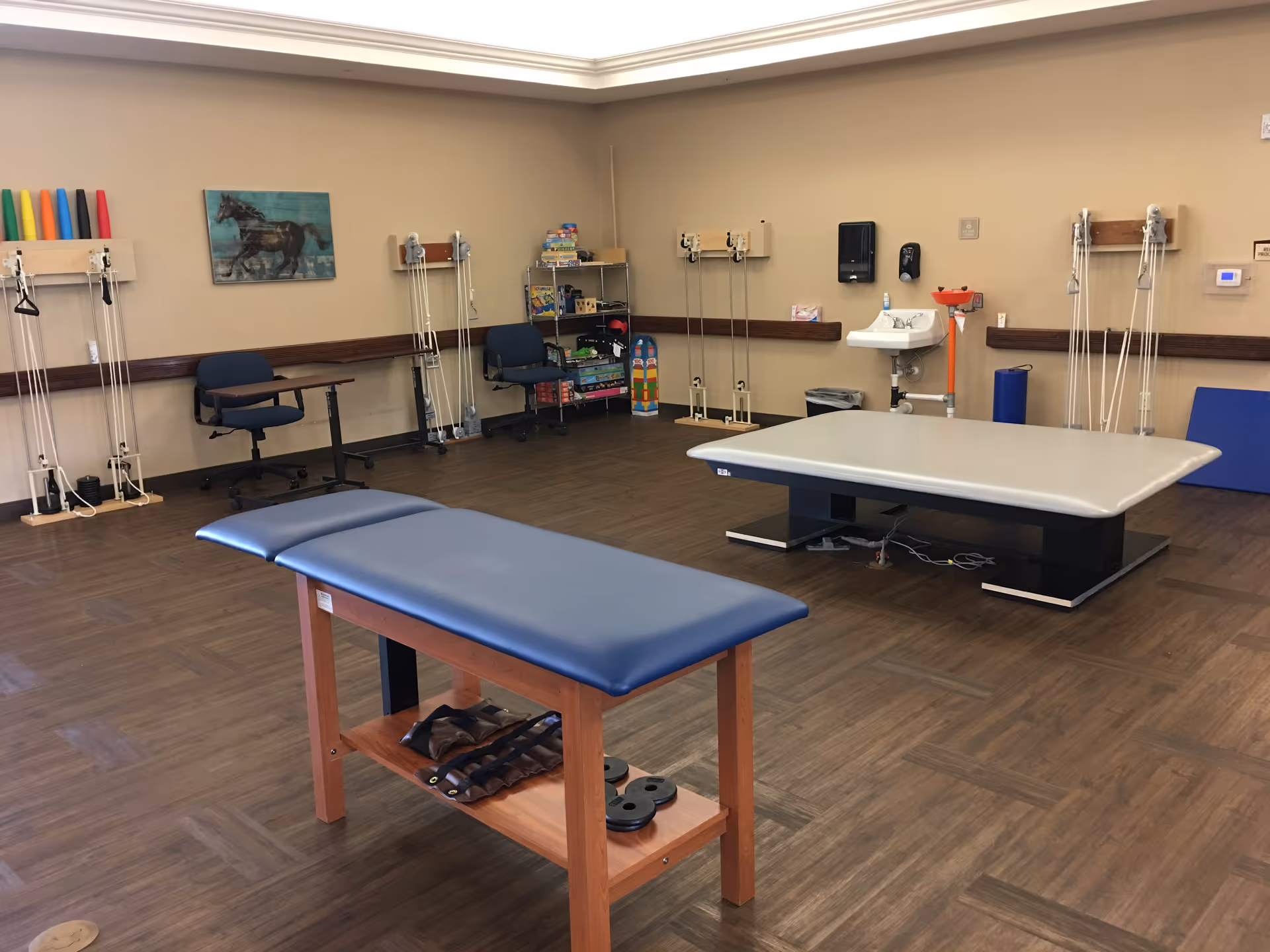 A rehabilitation therapy room with two treatment tables, one with a blue cushion and wooden legs and the other with a gray cushion and black base. The room has wooden flooring, beige walls, and various exercise equipment along the walls, including pulley systems and weights. There are two blue chairs, a small sink with soap dispenser, and shelves with board games and therapy tools. A painting of a horse is hung on the wall.