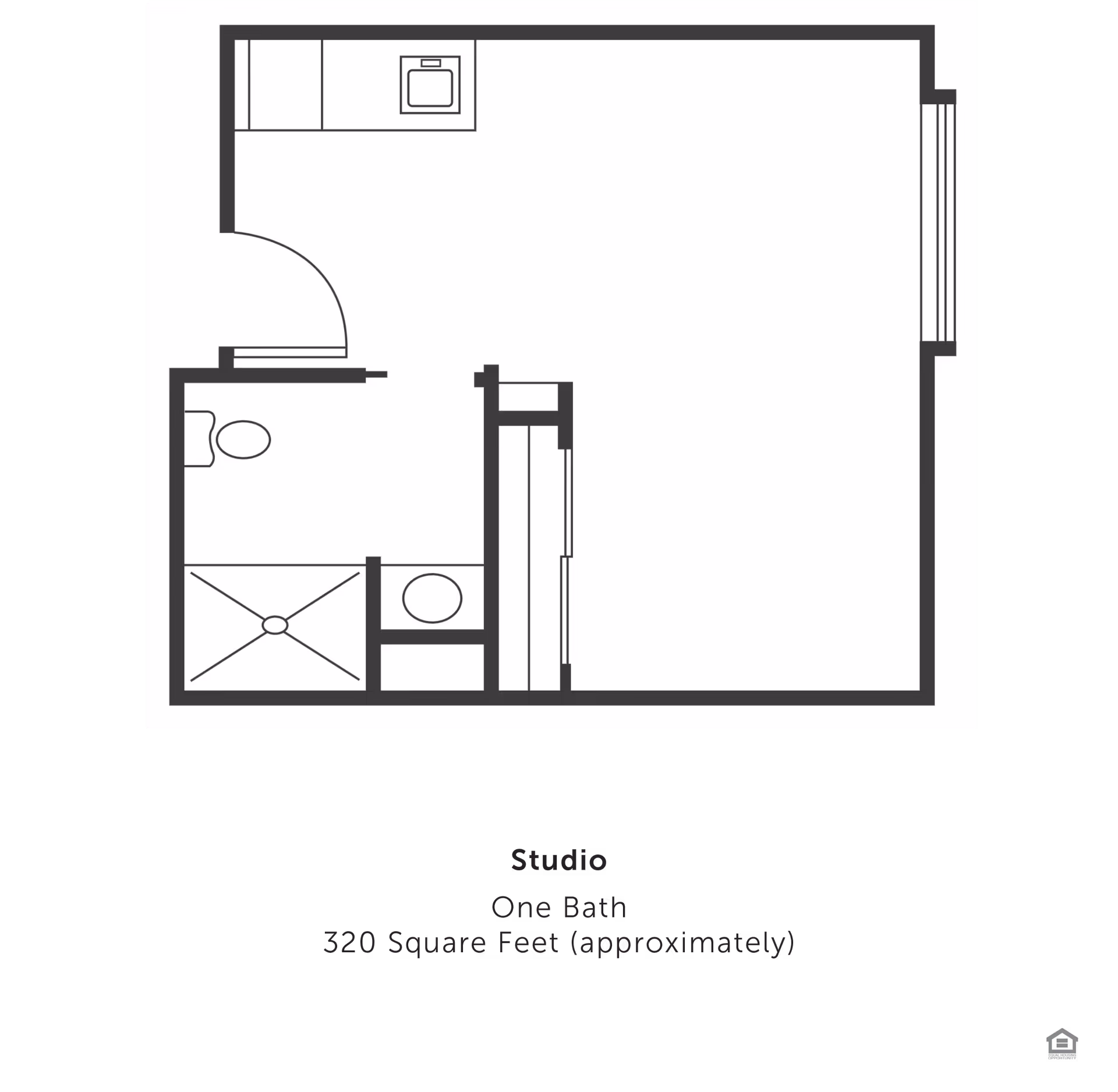 Floor plan of a studio apartment with one bathroom and a kitchen area. The layout includes a bathroom with a toilet and shower, a kitchen sink, and an open living/sleeping area. The total area is approximately 320 square feet.