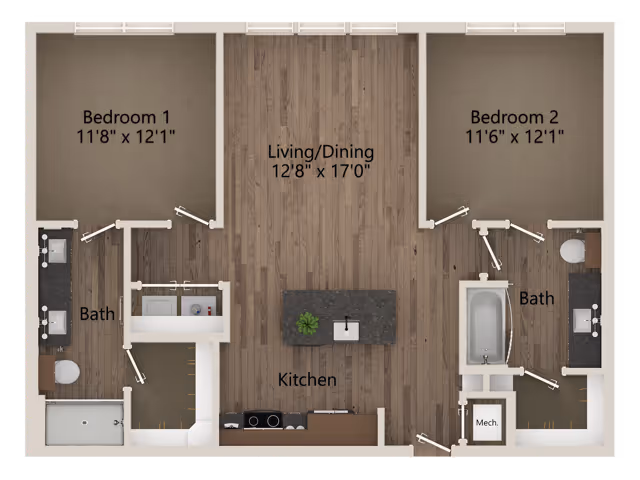 Floor plan of a two-bedroom apartment with labeled rooms including Bedroom 1, Bedroom 2, Living/Dining area, Kitchen, and two bathrooms. The layout shows measurements for each bedroom and the living/dining area, with kitchen appliances and bathroom fixtures clearly indicated.
