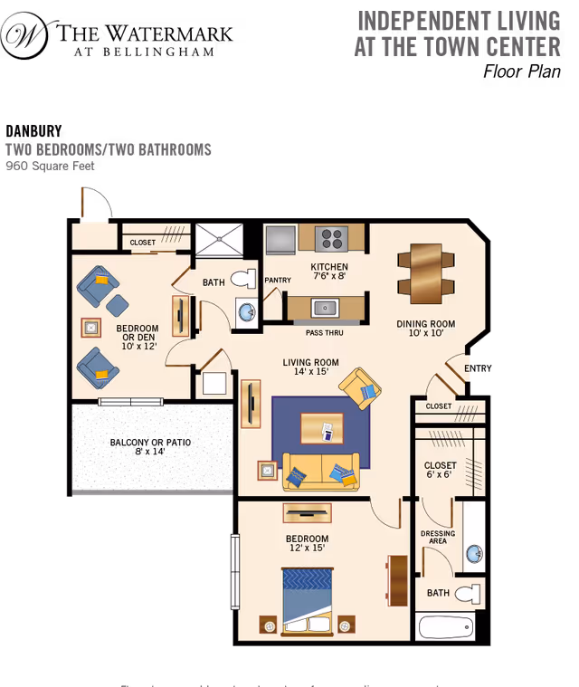 Floor plan of an independent living apartment at the town center with two bedrooms and two bathrooms, totaling 960 square feet. The layout includes a bedroom or den measuring 10 by 12 feet, a bathroom, a kitchen measuring 7 feet 6 inches by 8 feet with a pantry and pass-thru, a dining room measuring 10 by 10 feet, a living room measuring 14 by 15 feet, a bedroom measuring 12 by 15 feet, a dressing area, and closets.