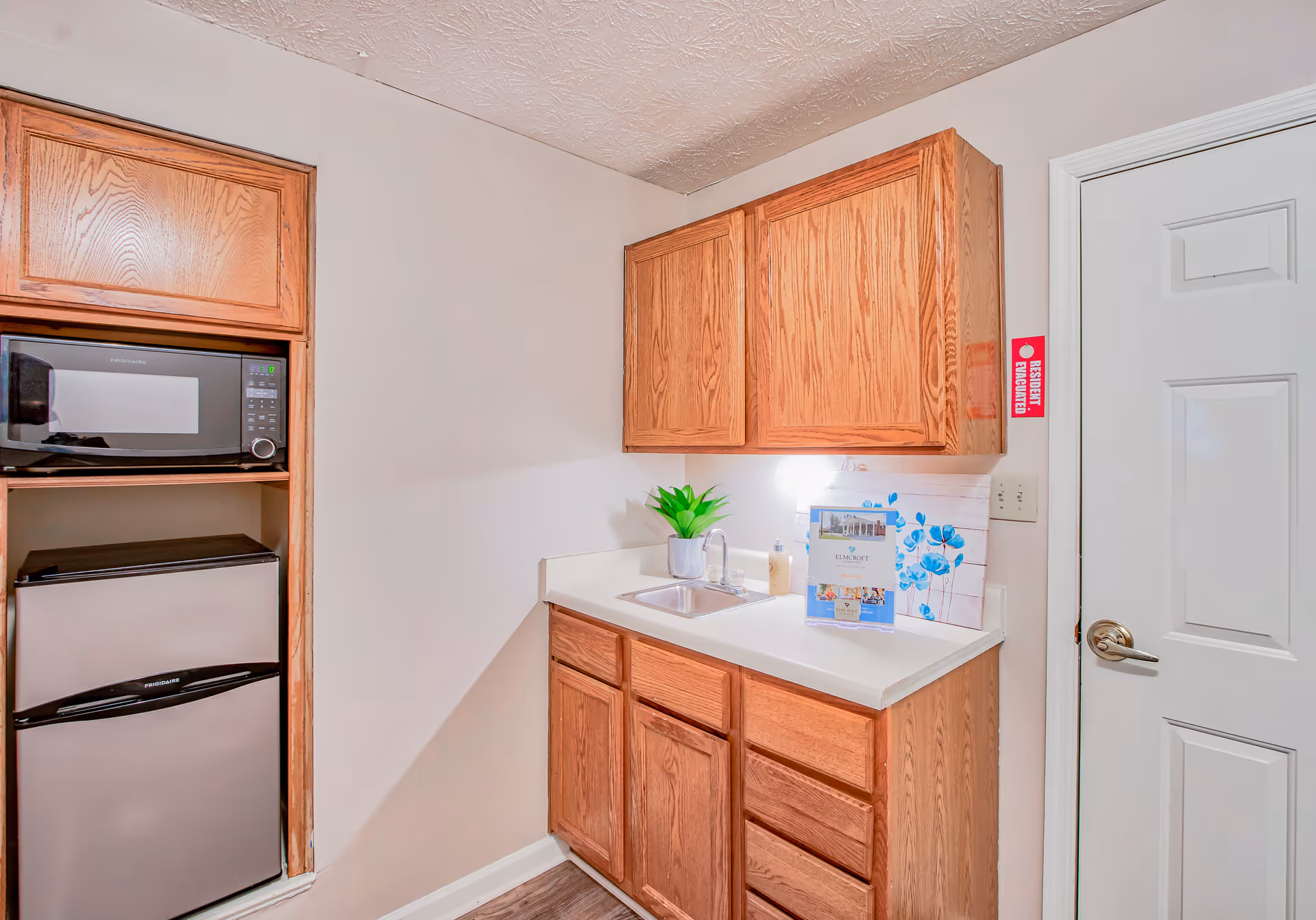 Small kitchen area with wooden cabinets, a countertop with a sink, a small potted plant, and a brochure. There is a microwave and a mini refrigerator built into a wooden cabinet on the left side. A white door with a silver handle is on the right side of the image.