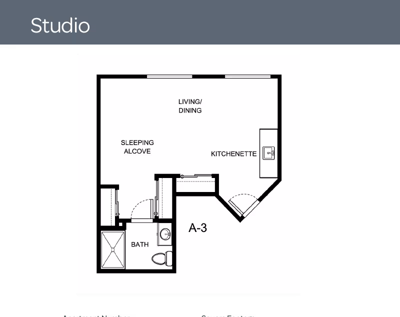 Floor plan of a studio apartment labeled A-3 showing a sleeping alcove, living/dining area, kitchenette, and a bathroom with a shower and toilet.