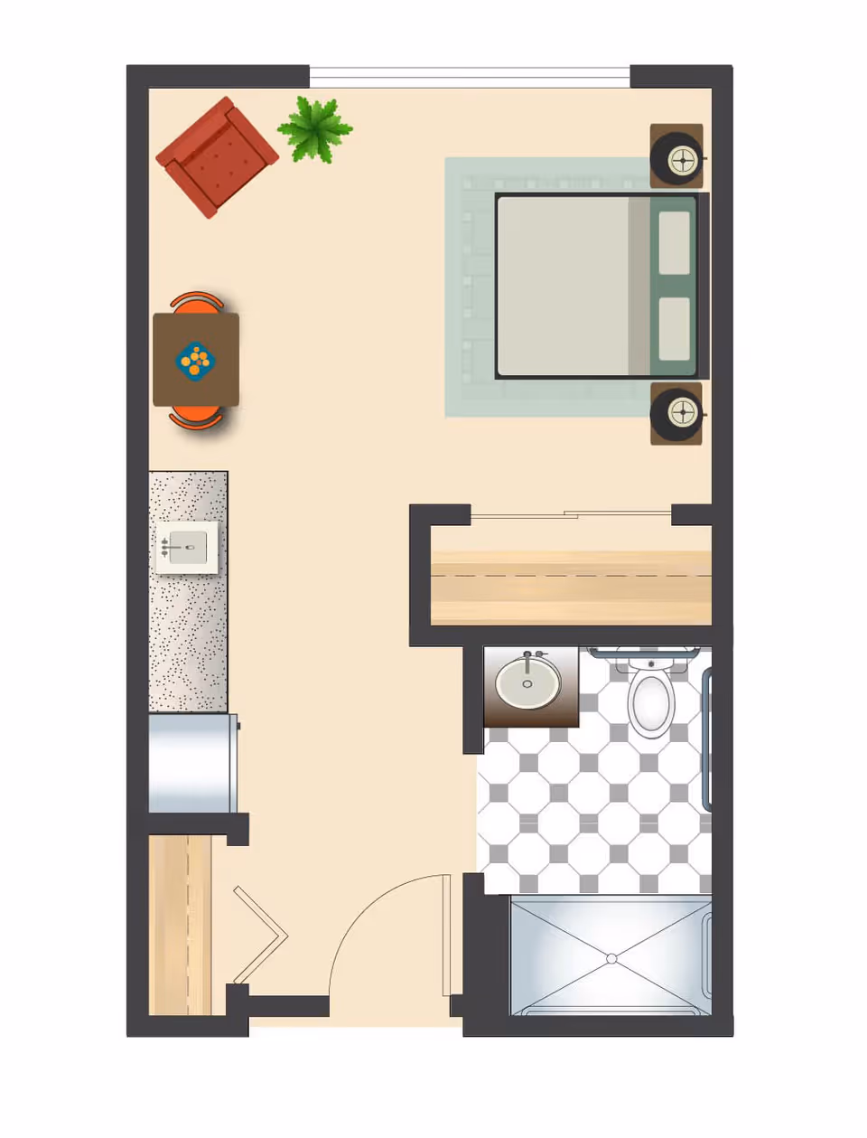 Top-down floor plan of a small studio apartment featuring a bed with two nightstands, a bathroom with a sink, toilet, and shower, a kitchenette with a sink and refrigerator, a small dining table with two chairs, and a single armchair with a plant nearby.