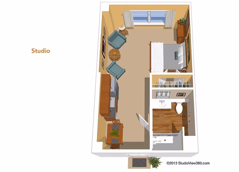 3D floor plan of a studio apartment featuring a combined living and sleeping area with a bed, two armchairs, a round table, a dresser, and a window with curtains. The kitchen area includes cabinetry, a sink, and appliances. There is a separate bathroom with a sink, toilet, and shower. A small entryway with a plant and a doormat is also visible.