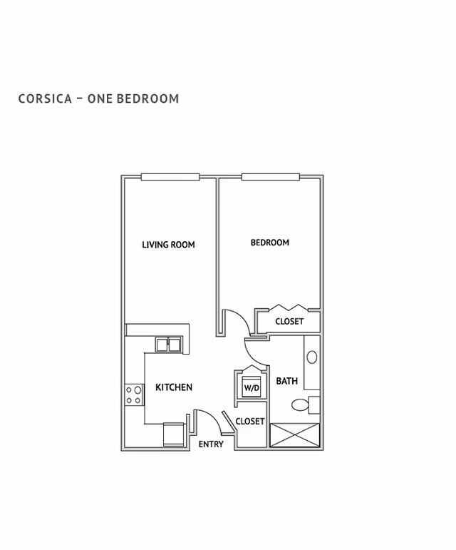 Floor plan layout of a one-bedroom apartment named Corsica, showing a living room, bedroom with closet, kitchen, bathroom, entry, and two closets including a washer/dryer area.