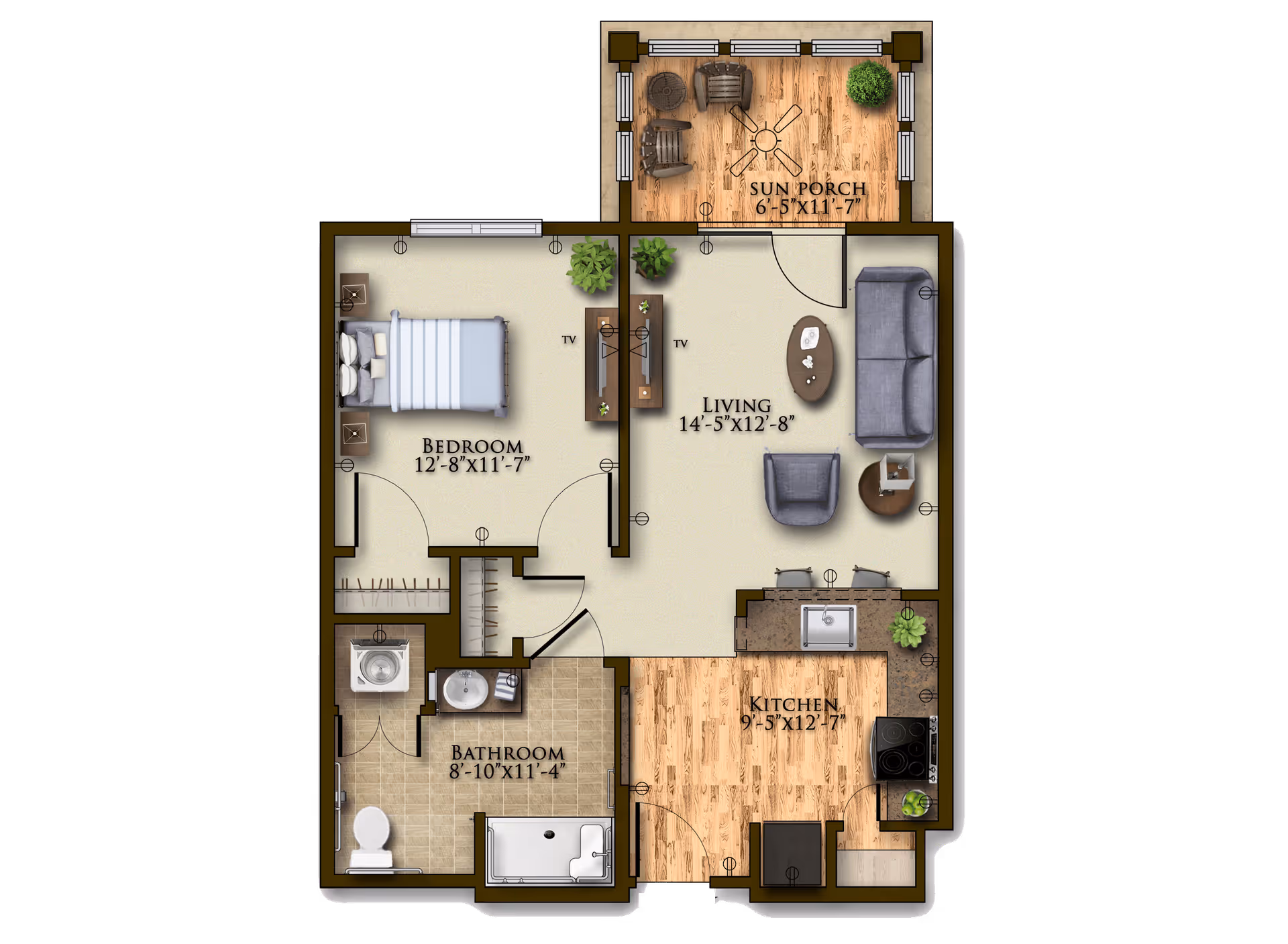 Floor plan of an assisted living apartment featuring a bedroom with a bed and two nightstands, a bathroom with a toilet, sink, and bathtub, a living room with a sofa, armchair, coffee table, and TV, a kitchen with a sink, stove, and dining table with two chairs, and a sun porch with two chairs and a small table. The dimensions of each room are labeled.