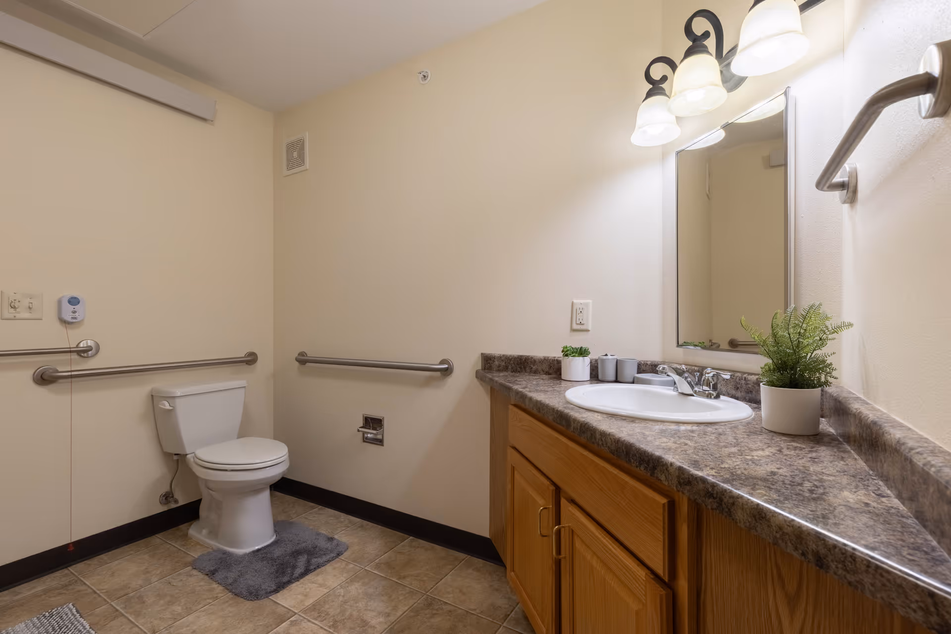 A clean and accessible bathroom with beige walls and tiled floor. It features a white toilet with grab bars on the walls for support, a wooden vanity with a marble countertop, a white sink, a mirror above the sink, and a light fixture with three lamps. There are small potted plants on the countertop and a gray bath mat in front of the toilet.