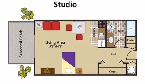 Floor plan of a studio apartment featuring a screened porch, living area with sofa and table, kitchen with fridge and stove, bathroom with toilet and sink, and two closets.