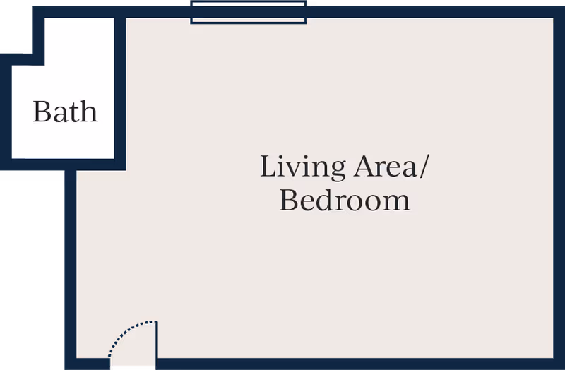 Floor plan showing a combined living area and bedroom with an adjacent bathroom.