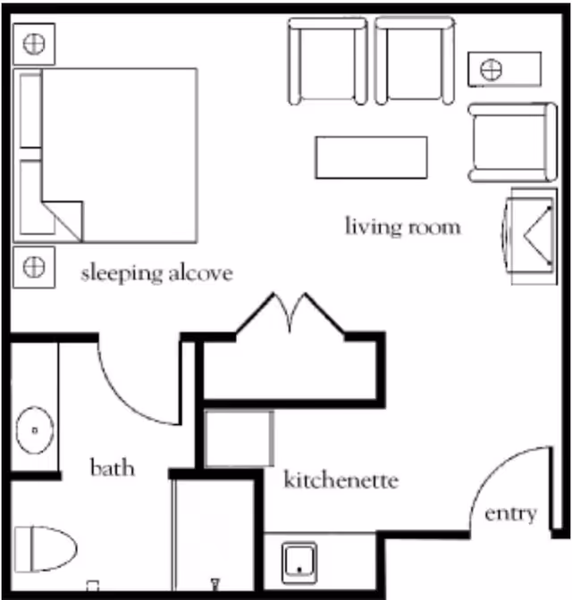 Floor plan layout showing a sleeping alcove with a bed and two nightstands, a living room with chairs, a coffee table, and a TV, a bath with a toilet and sink, a kitchenette with a sink, and an entry door.
