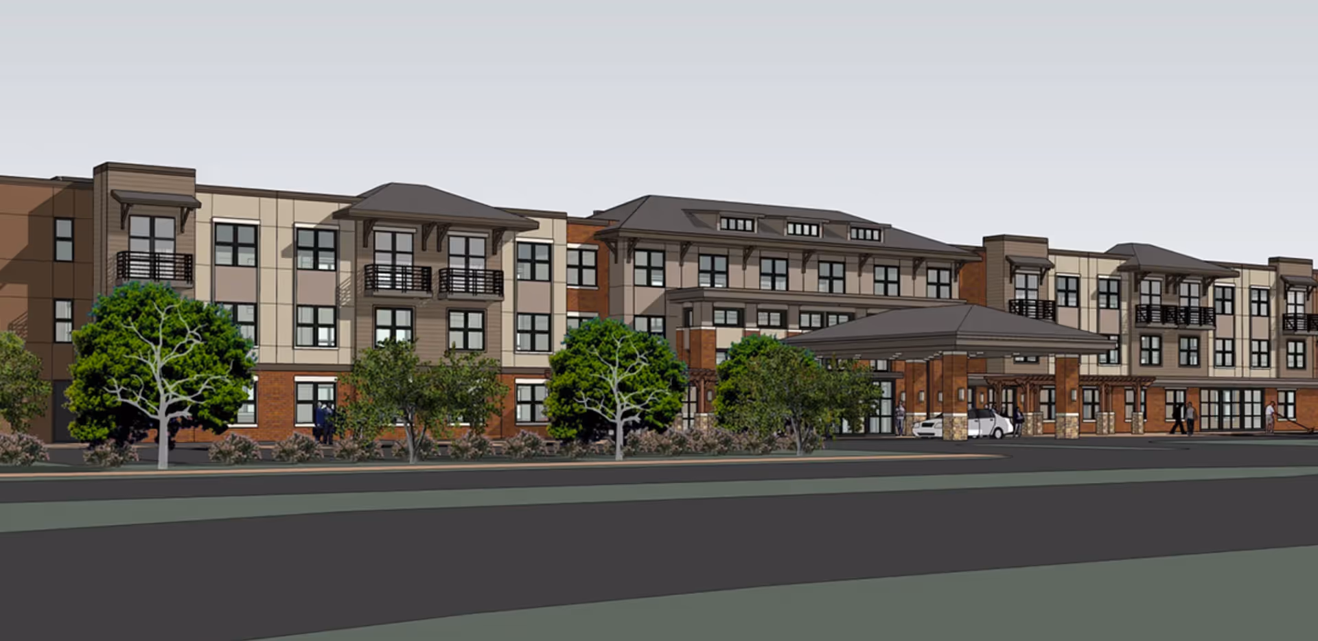 Exterior architectural rendering of a three-story senior living building with a covered entrance, balconies, and landscaping.