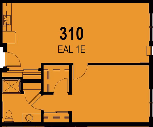 Architectural floor plan of room 310 labeled EAL 1E, showing a layout with a bathroom including a toilet and shower, a small kitchenette area with a sink, and a main living space.