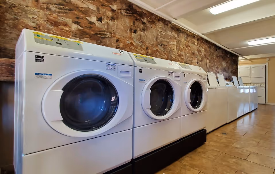 A row of front-loading washers and dryers in a communal laundry room with tiled floor and decorative stone-look wall.