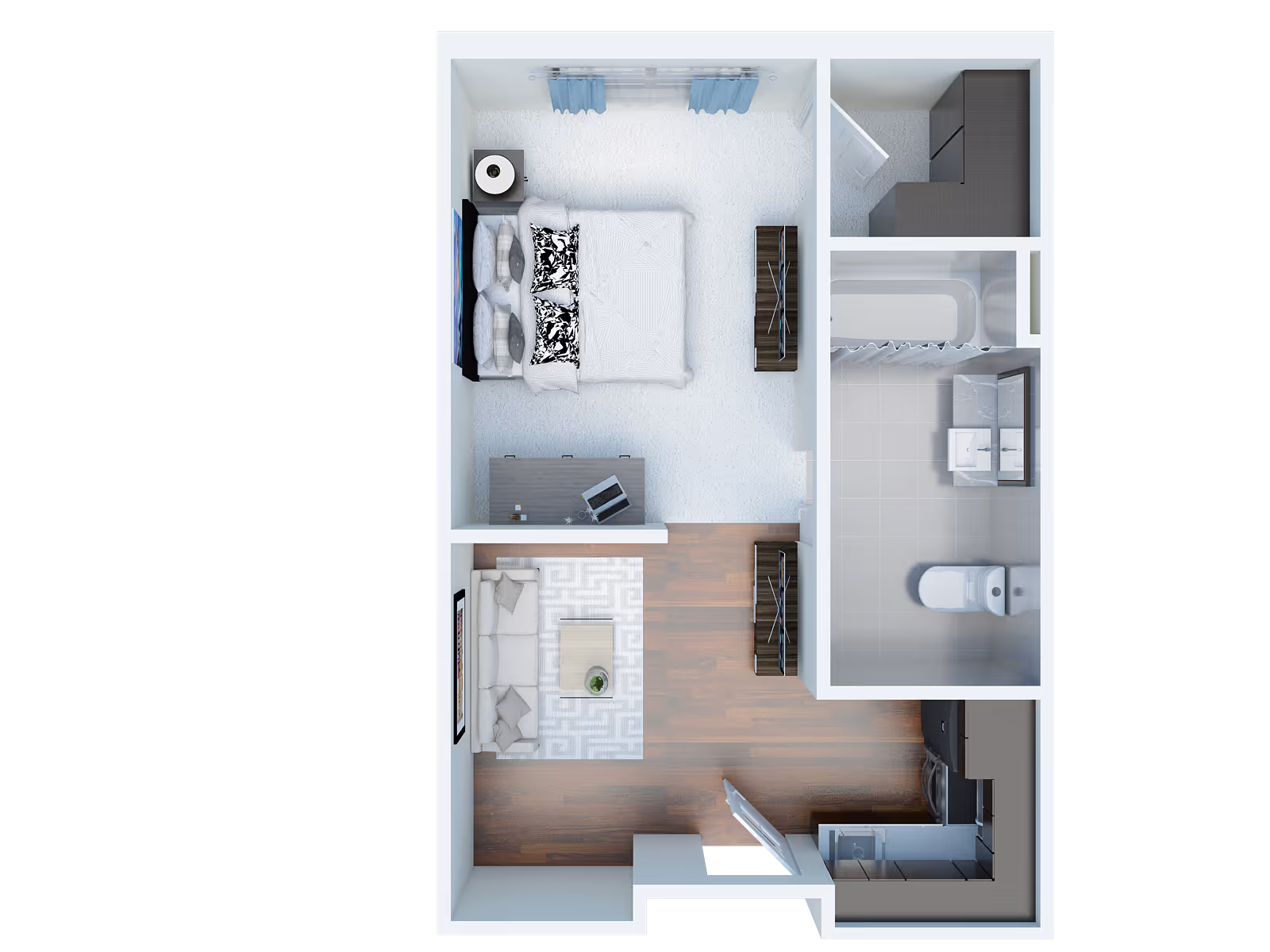 Top-down rendered floor plan of a one-bedroom apartment showing a bedroom, living area, kitchenette and bathroom.