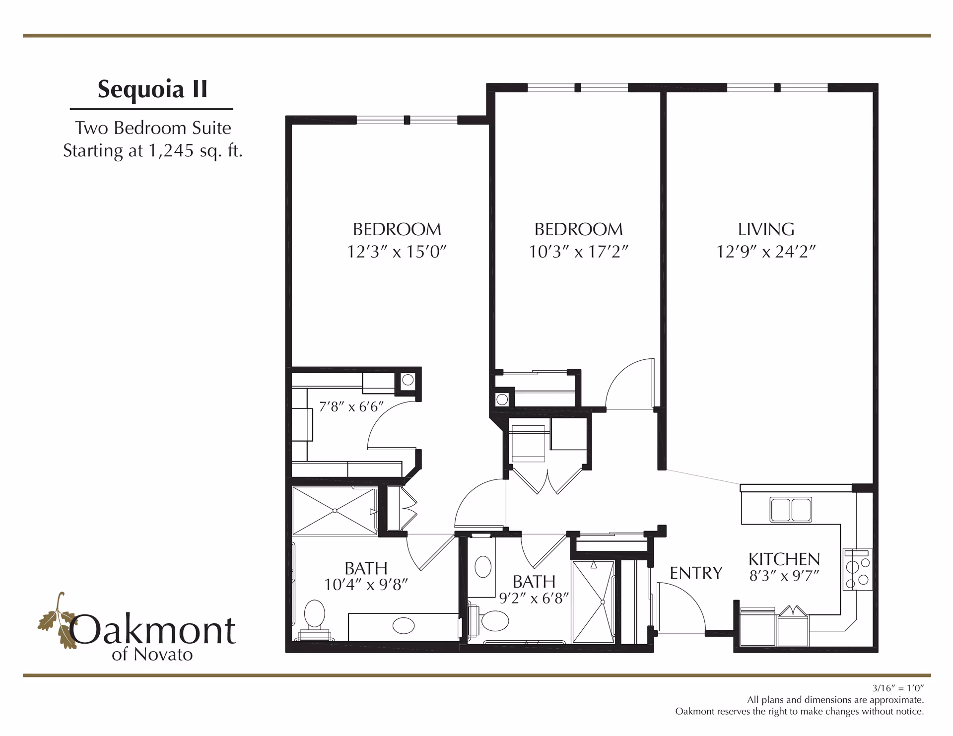 Floor plan of Sequoia II, a two-bedroom suite at Oakmont of Novato, showing dimensions for two bedrooms, two bathrooms, a living room, kitchen, and entry area.