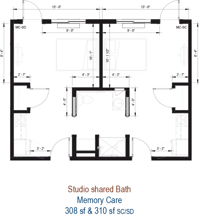Architectural floor plan showing two mirrored studio rooms with a centrally shared bathroom labeled "Studio shared Bath Memory Care".
