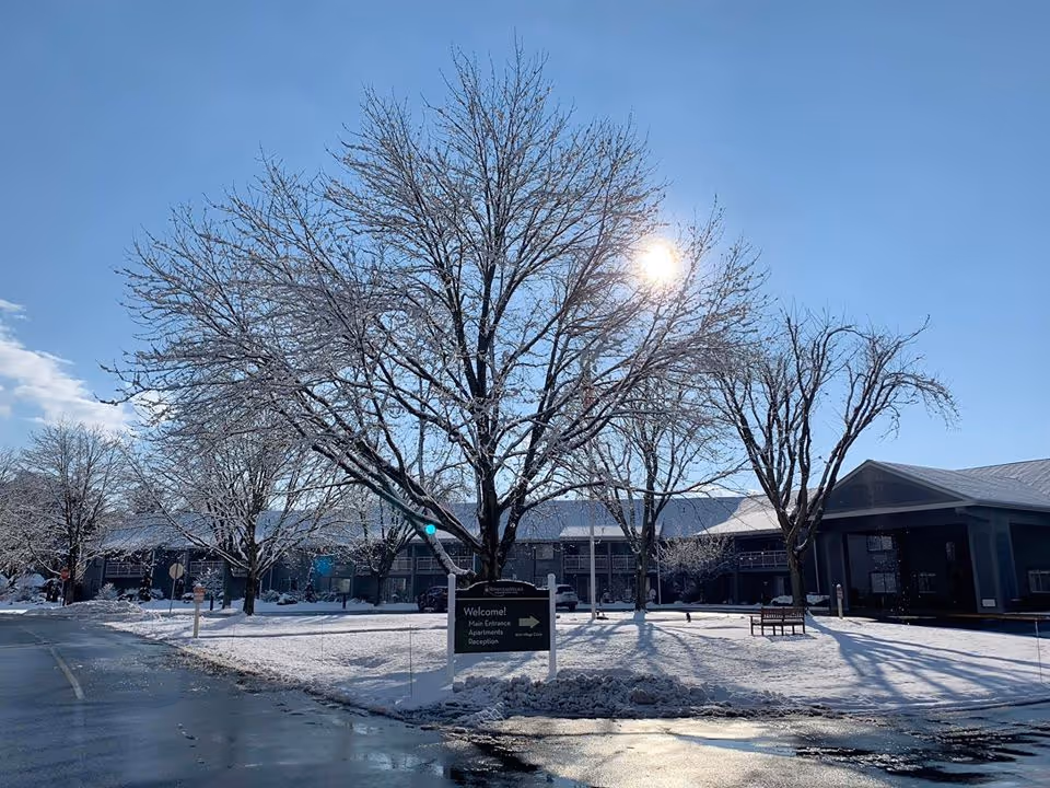 Snow-covered courtyard with bare trees and the front of a two-story senior living building under a bright blue sky.