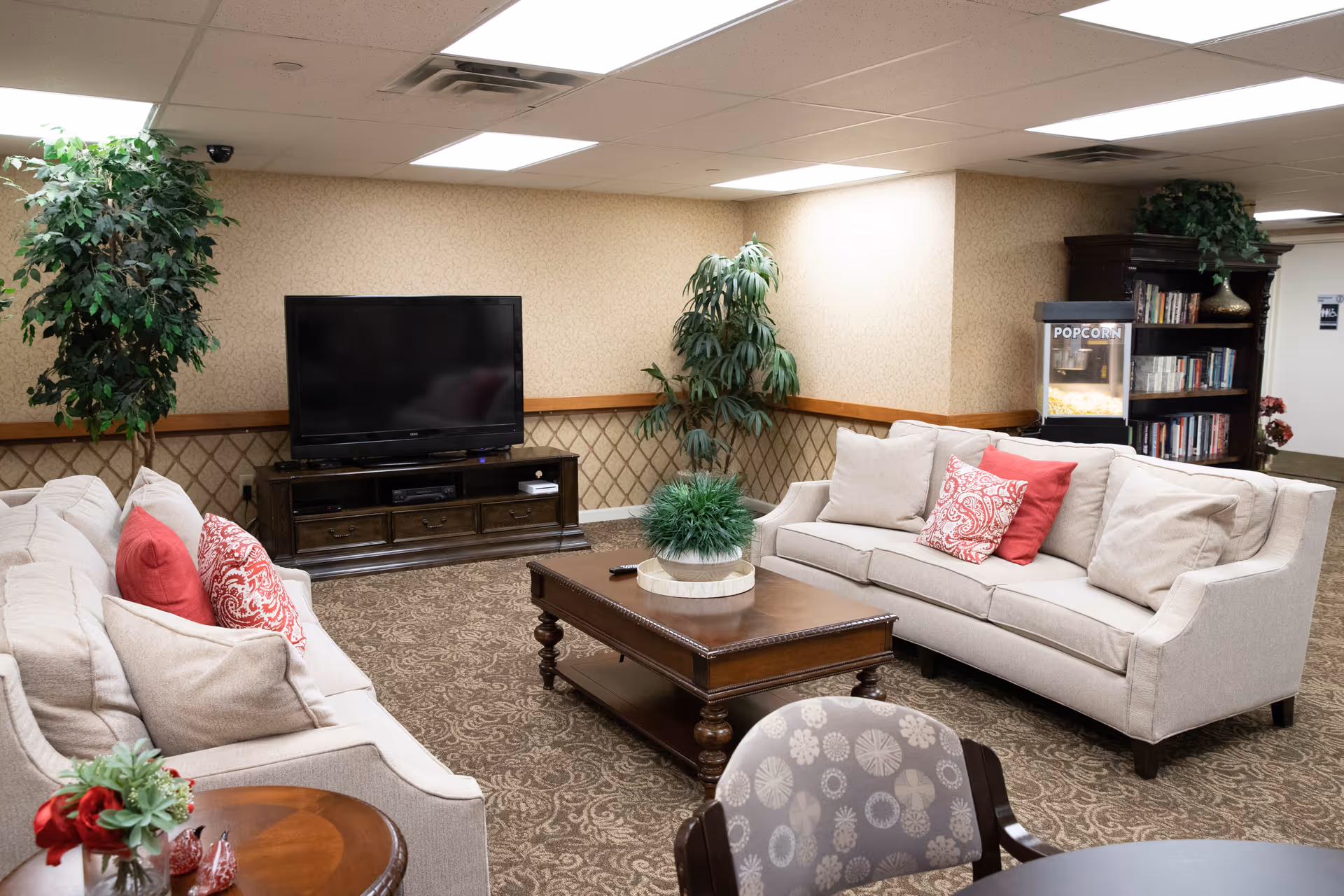A cozy living room area with two beige sofas adorned with red and patterned throw pillows, a wooden coffee table with a green plant centerpiece, a large flat-screen TV on a wooden TV stand, and a popcorn machine next to a bookshelf filled with books. The room has patterned carpet, wallpapered walls, and several potted plants.