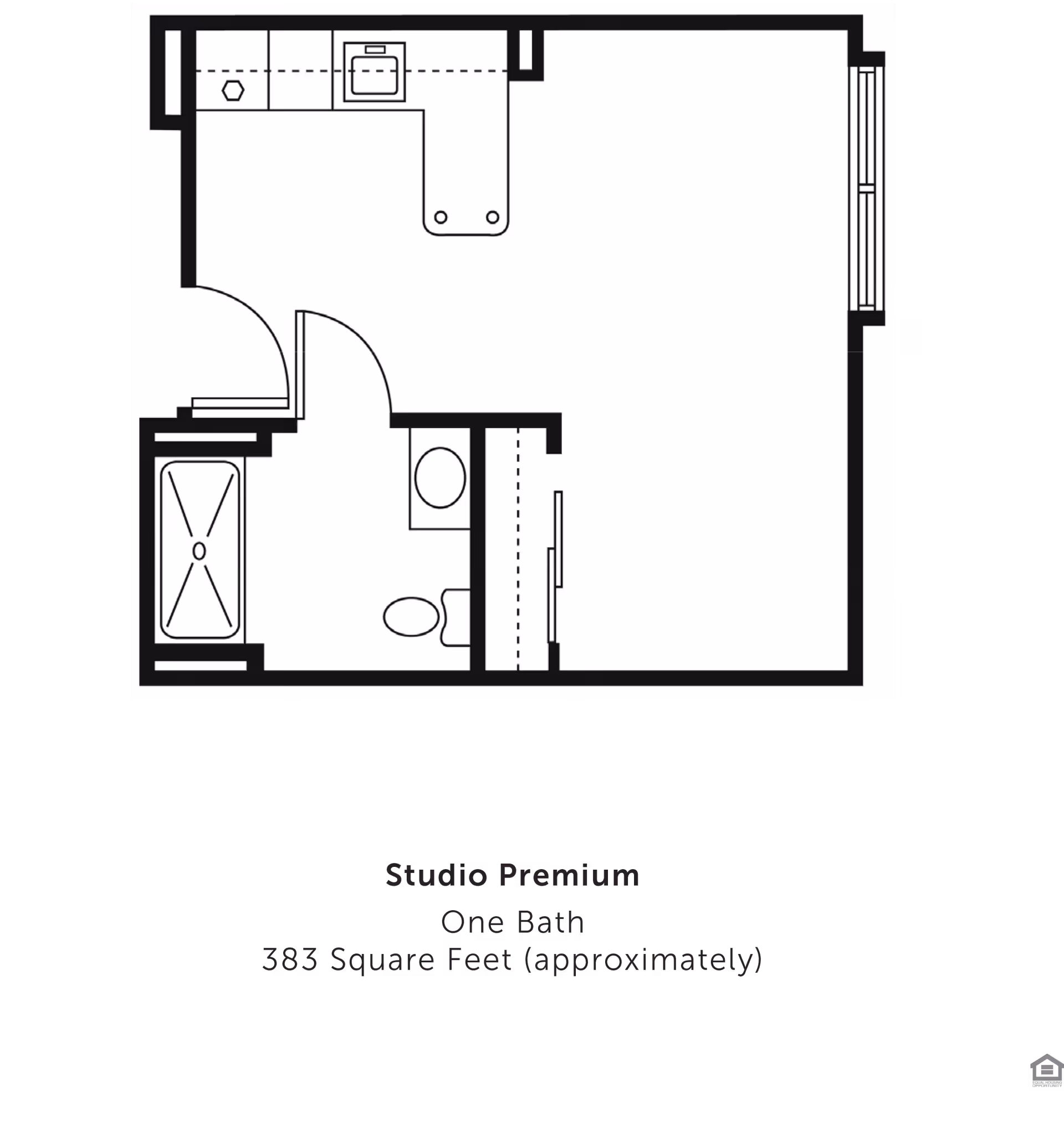 Black-and-white floor plan of a studio apartment showing a kitchenette, bathroom with tub and toilet, and an open living area.