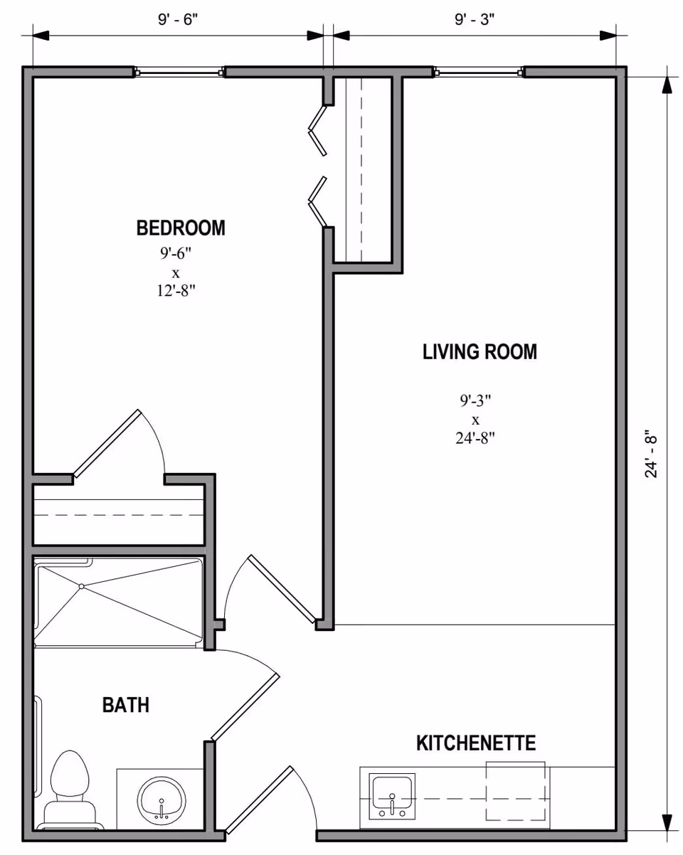 Architectural floor plan of a small living space at Carolina Reserve of Hendersonville, showing a bedroom measuring 9 feet 6 inches by 12 feet 8 inches, a living room measuring 9 feet 3 inches by 24 feet 8 inches, a bath with a toilet and sink, and a kitchenette with a sink and counter space. The overall dimensions of the space are 24 feet 8 inches by 19 feet 9 inches approximately.