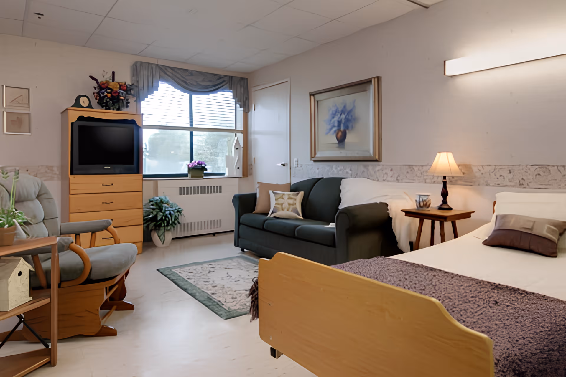 A cozy senior living room featuring a single bed with pillows and a purple blanket, a green sofa with decorative pillows, a wooden nightstand with a lamp, a wooden TV stand with a television, a rocking chair, and a window with curtains letting in natural light. The room is decorated with plants, a framed painting, and a small rug on the floor.
