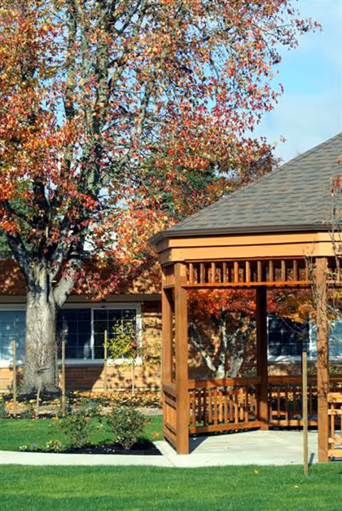 A wooden gazebo in a garden area with green grass and a large tree with autumn-colored leaves. The background shows a building with windows and a brick exterior under a clear blue sky.