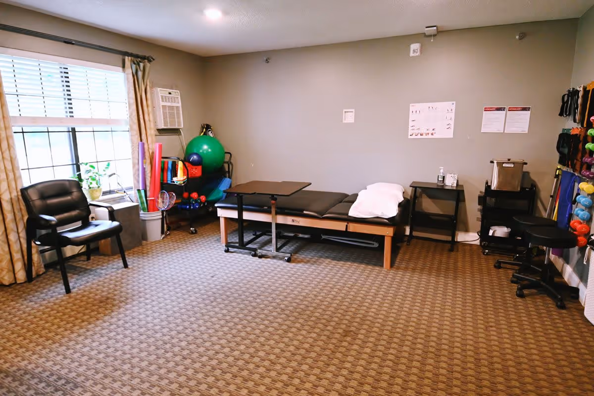 A therapy or exercise room with a padded treatment table, a black chair, exercise equipment including colorful dumbbells, exercise balls, and resistance bands, a window with curtains, and instructional posters on the wall.