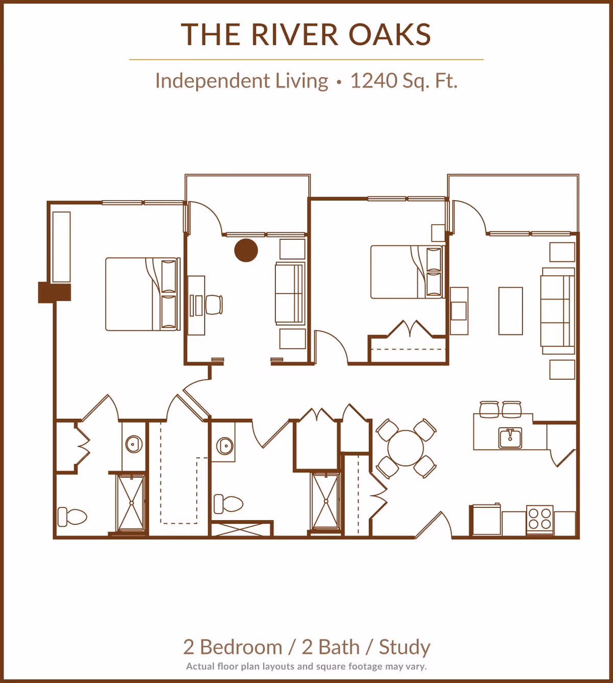 Floor plan of The River Oaks independent living unit with 1240 square feet, featuring 2 bedrooms, 2 bathrooms, a study, a living room, dining area, and kitchen.