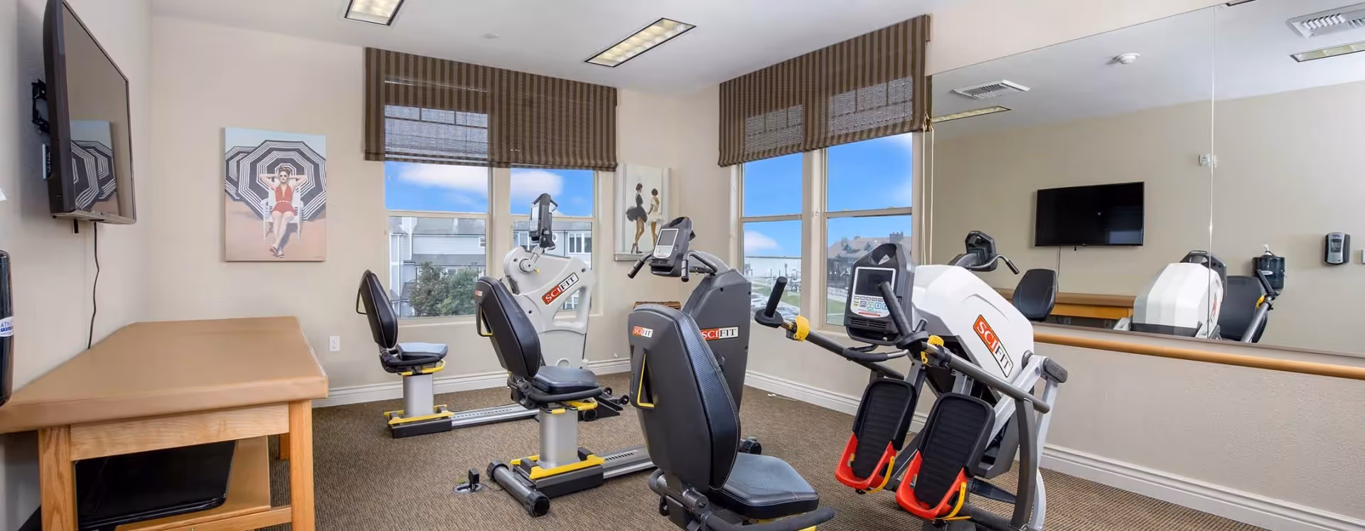 A small fitness room with three SciFit exercise machines, a wooden table with a padded top, two paintings on the wall, large windows with brown striped blinds, a wall-mounted TV, and a large mirror reflecting the room.