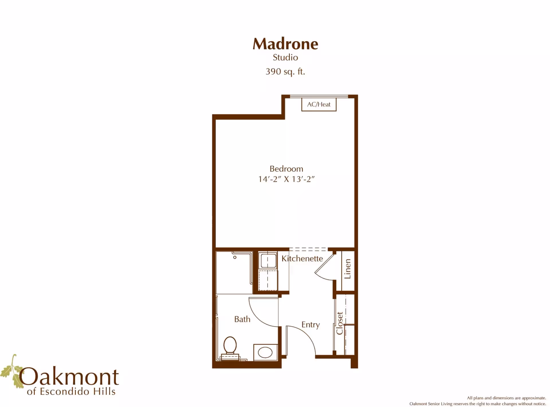 Floor plan titled 'Madrone' studio (390 sq. ft.) showing a bedroom, kitchenette, bath, entry, linen and closet.