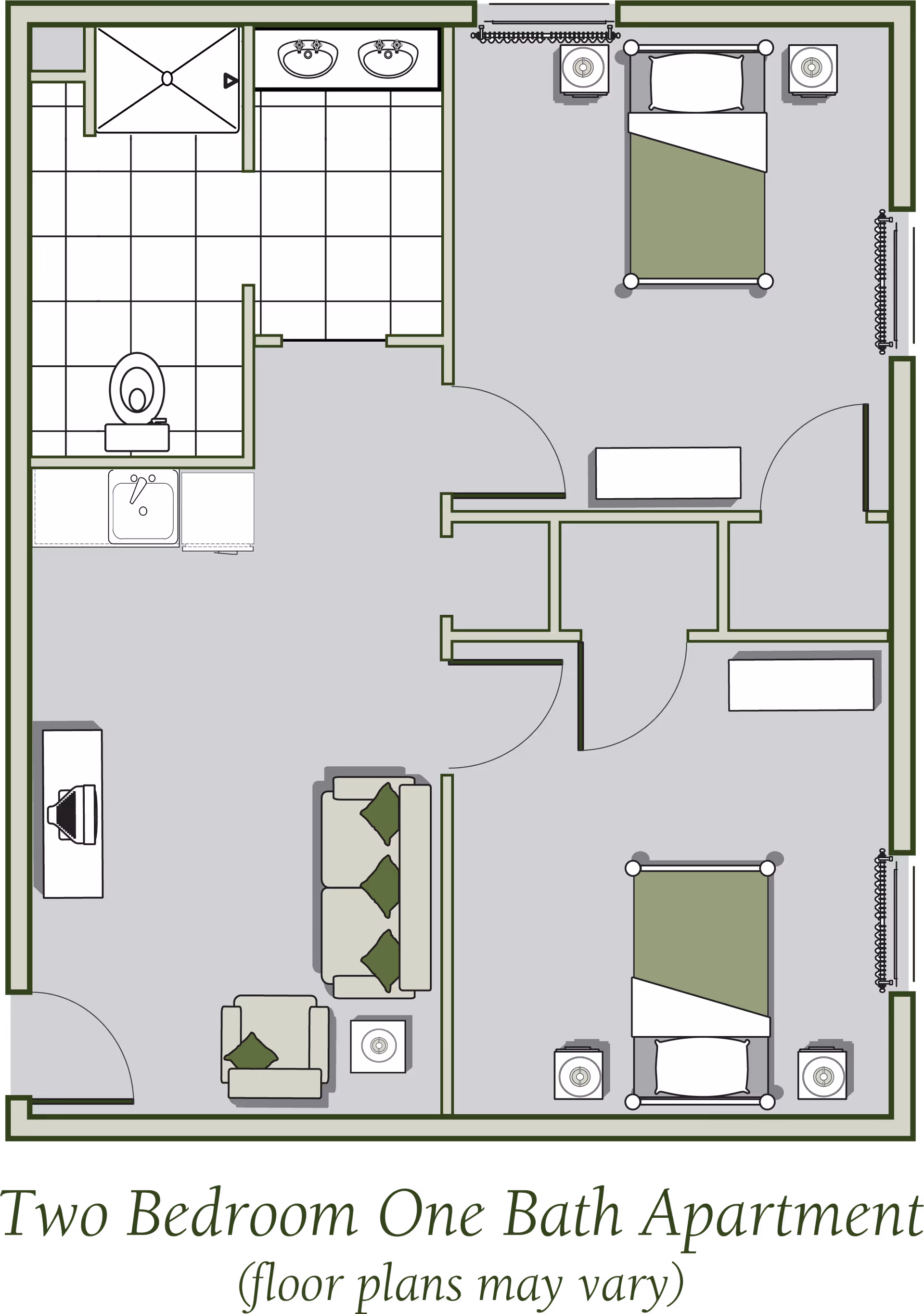 Floor plan of a two-bedroom, one-bath apartment showing two bedrooms, a bathroom with double sinks, a shower, a toilet, a living area with a sofa and chair, and a small kitchen area.