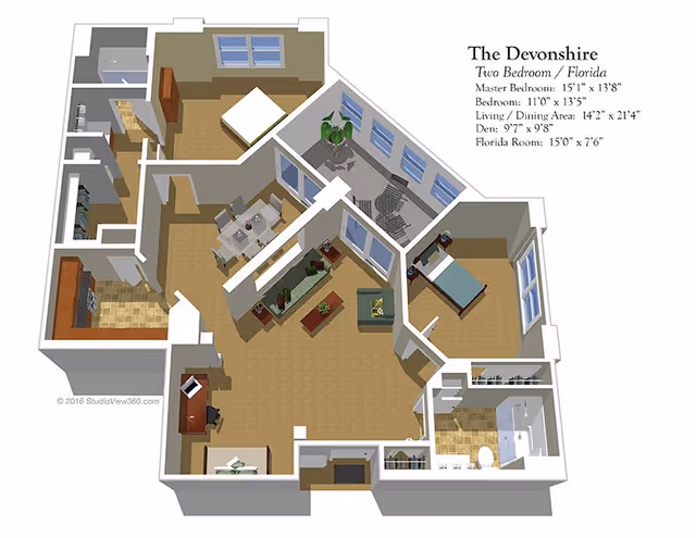3D floor plan of The Devonshire two-bedroom Florida apartment at Stratford Court of Boca Pointe, showing a master bedroom, second bedroom, living and dining area, den, kitchen, bathroom, and a Florida room with patio furniture.