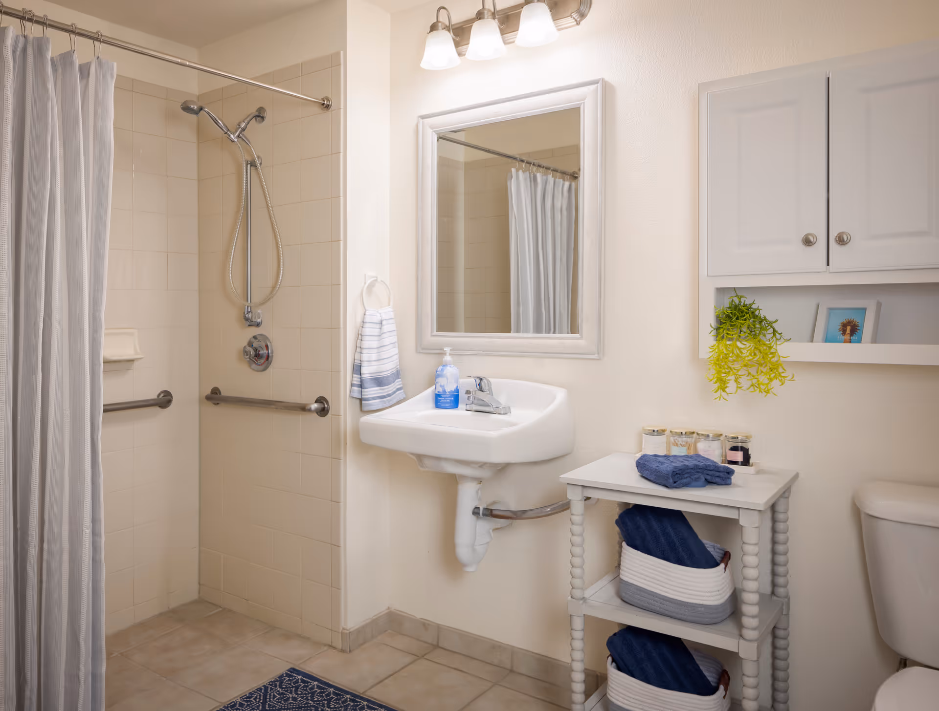 A clean and well-lit bathroom featuring a walk-in shower with a handheld showerhead and grab bars, a wall-mounted sink with a mirror above it, a small white shelf unit holding folded towels and toiletries, a hanging plant, and a toilet partially visible on the right.