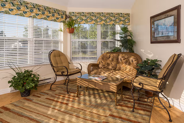 A sunlit sitting area with a cushioned wicker loveseat and two cushioned metal chairs arranged around a wicker coffee table. The room has large windows with white blinds and floral valances, a striped area rug, several potted plants, and a framed picture on the wall.